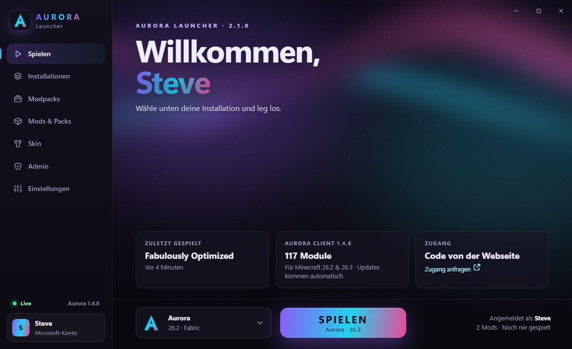 Startseite des Aurora Launchers mit der Installation Aurora für Minecraft 26.2